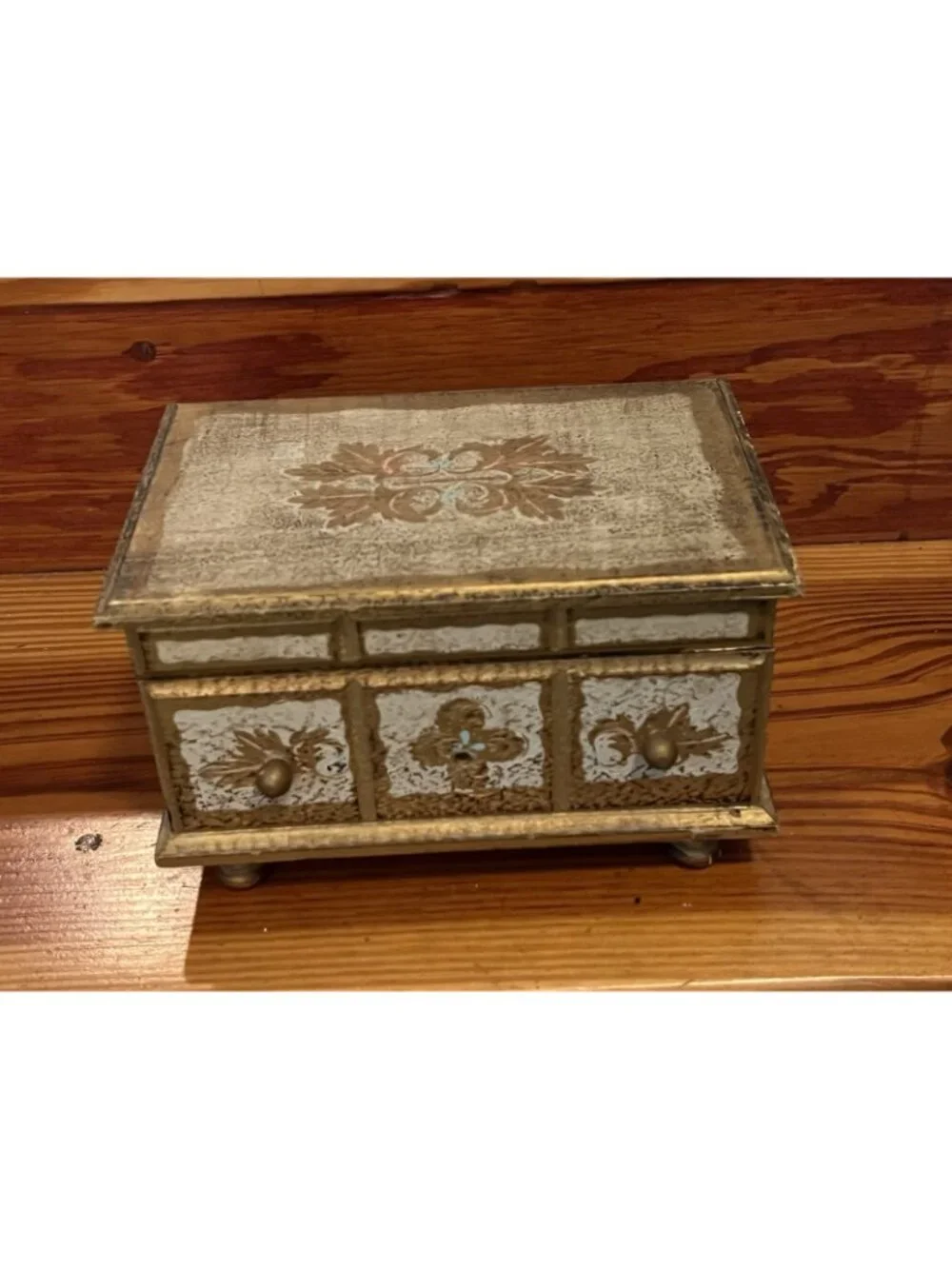 Vintage Florentine Wood Jewelry Box Distressed Needs Knob Fixer As Is 9”x6”